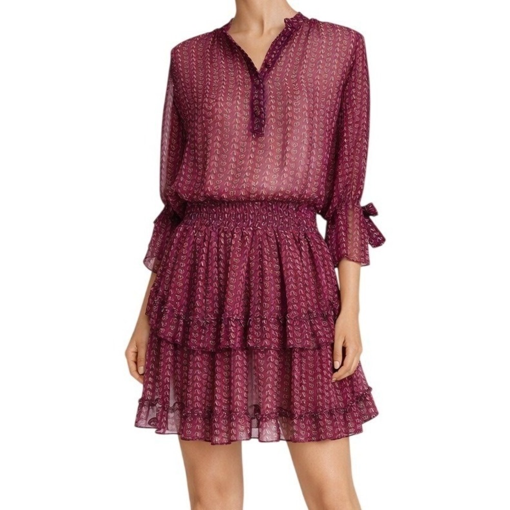 MISA Los Angeles Burgundy‎ Tiered Mini Dress Long Sleeve Ruffle XS